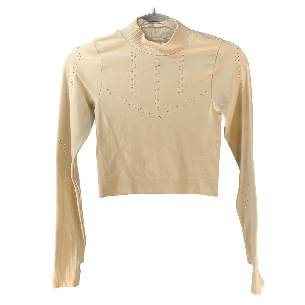 Old Navy Go-Dry Seamless Mock Neck Long Sleeve Crop Top Beige Small